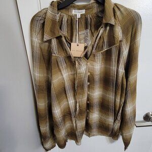 Nwt Blu Pepper olive/brown/white vneck blouse (medium)